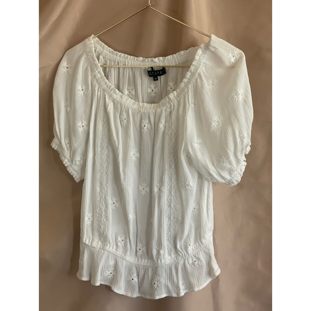 1.STATE White Embroidered Eyelet Puff Sleeve Peplum Blouse XS Boho Rayon Top